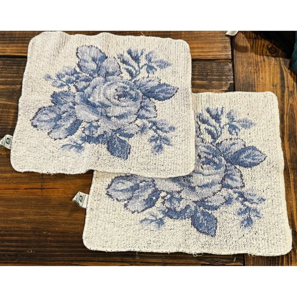 Vintage Laura Ashley Blue Floral Rose Washcloths Pair Cottage Shabby Chic Bath